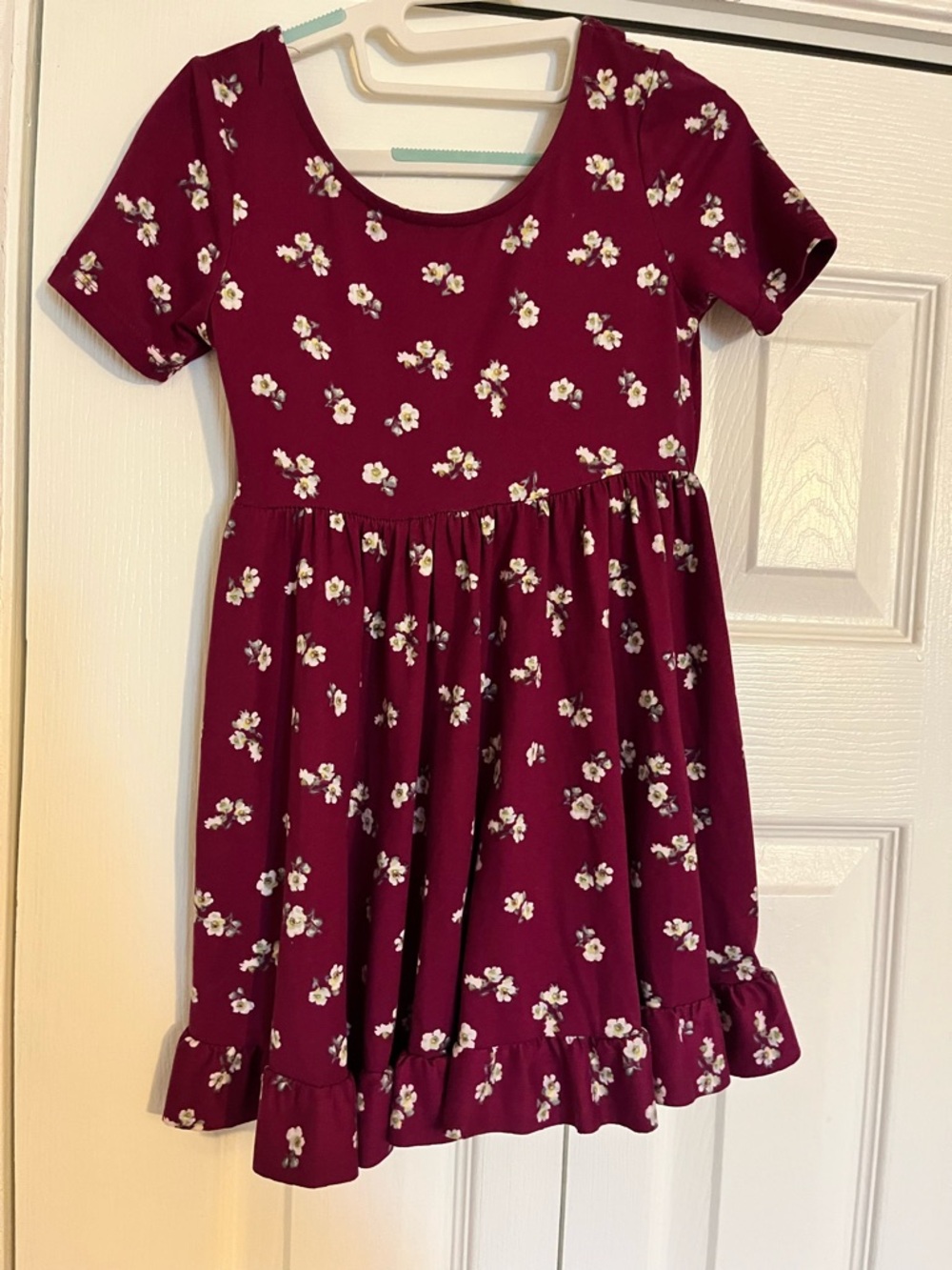 Chenault Girls Burgundy Floral Short-Sleeve Ruffle Hem Dress